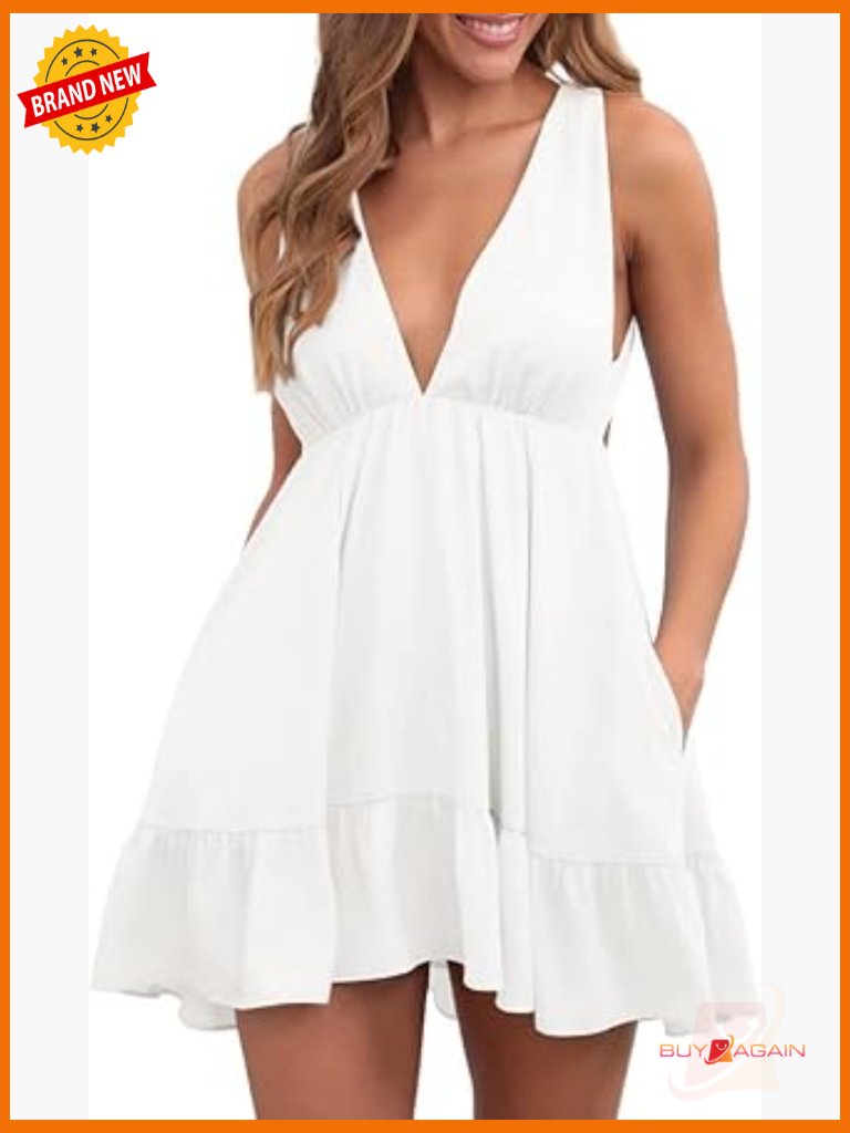 Women's Summer Mini Dress V-Neck Backless Ruffle Short Sleeve With Pockets